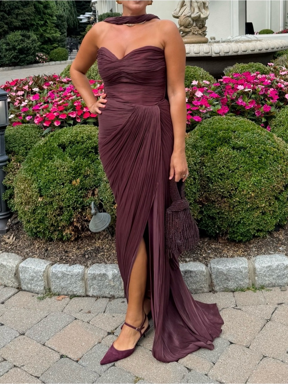 Strapless Ruched Evening Gown in Deep Plum